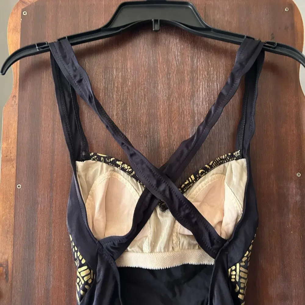 Vintage 90's Athena Black and Gold Patterned One Piece Swimsuit Size 10